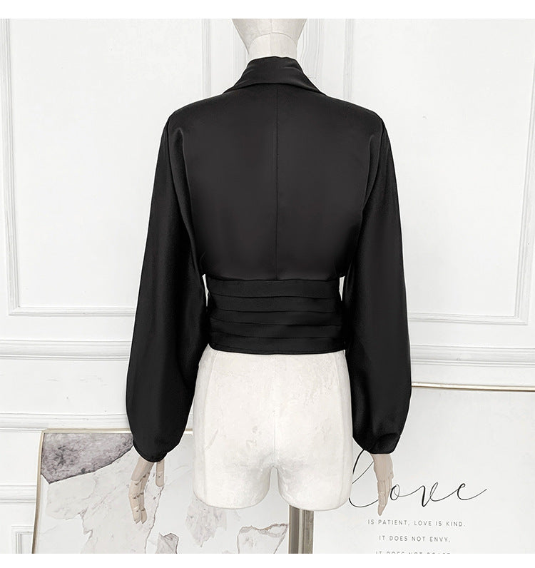 French Drape Low-cut Cinched Pleated Long Sleeve Shirt