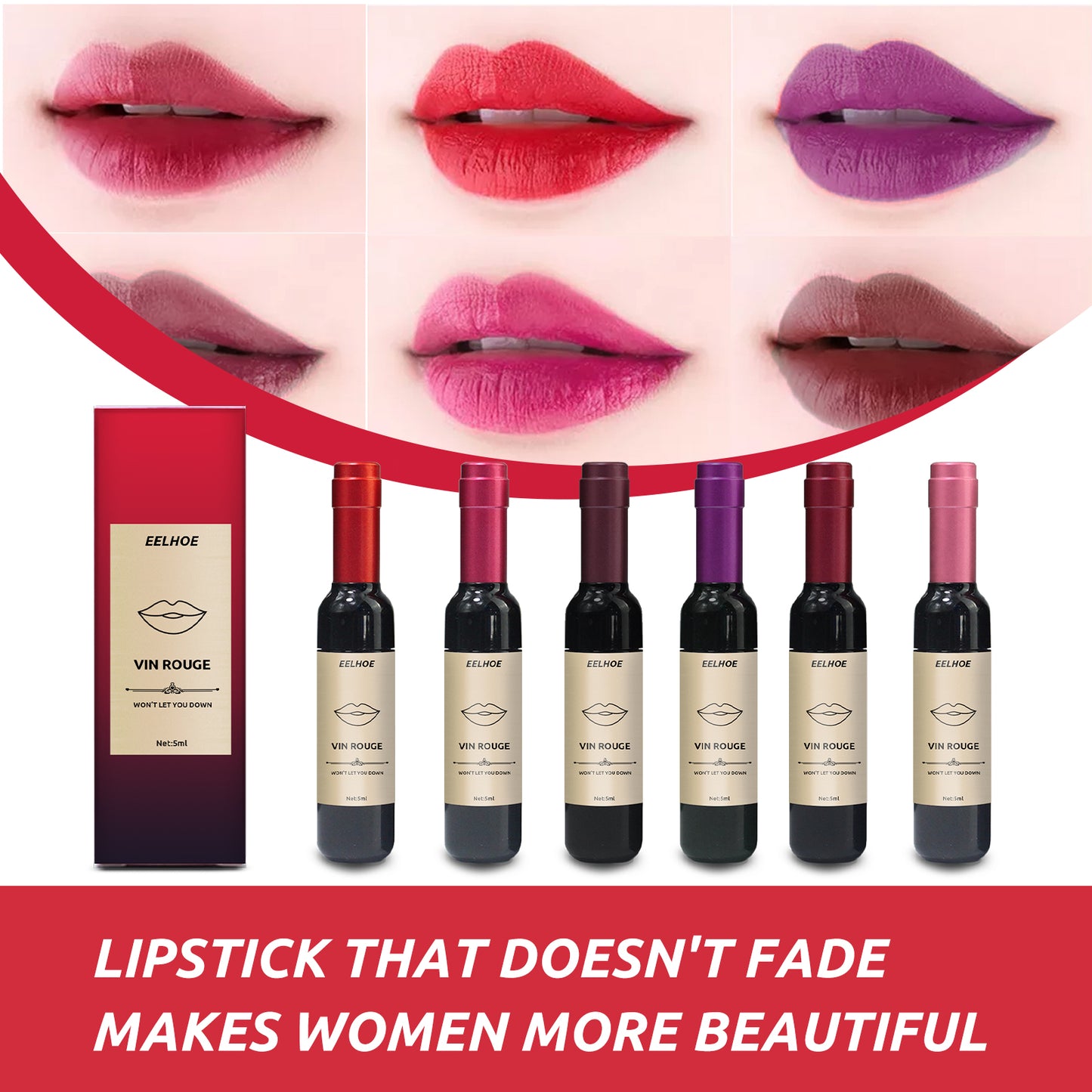EELHOE Vin Rouge Lip Tint, Non-Stick Cup Color Development Portable Waterproof Non-Fading Moisturizing Red Wine Bottle Lip Glaze