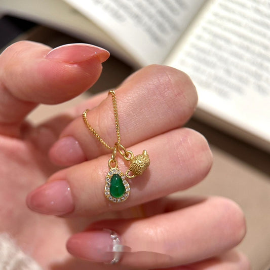 S925 Sterling Silver Yang Green Gourd Pendant Necklace