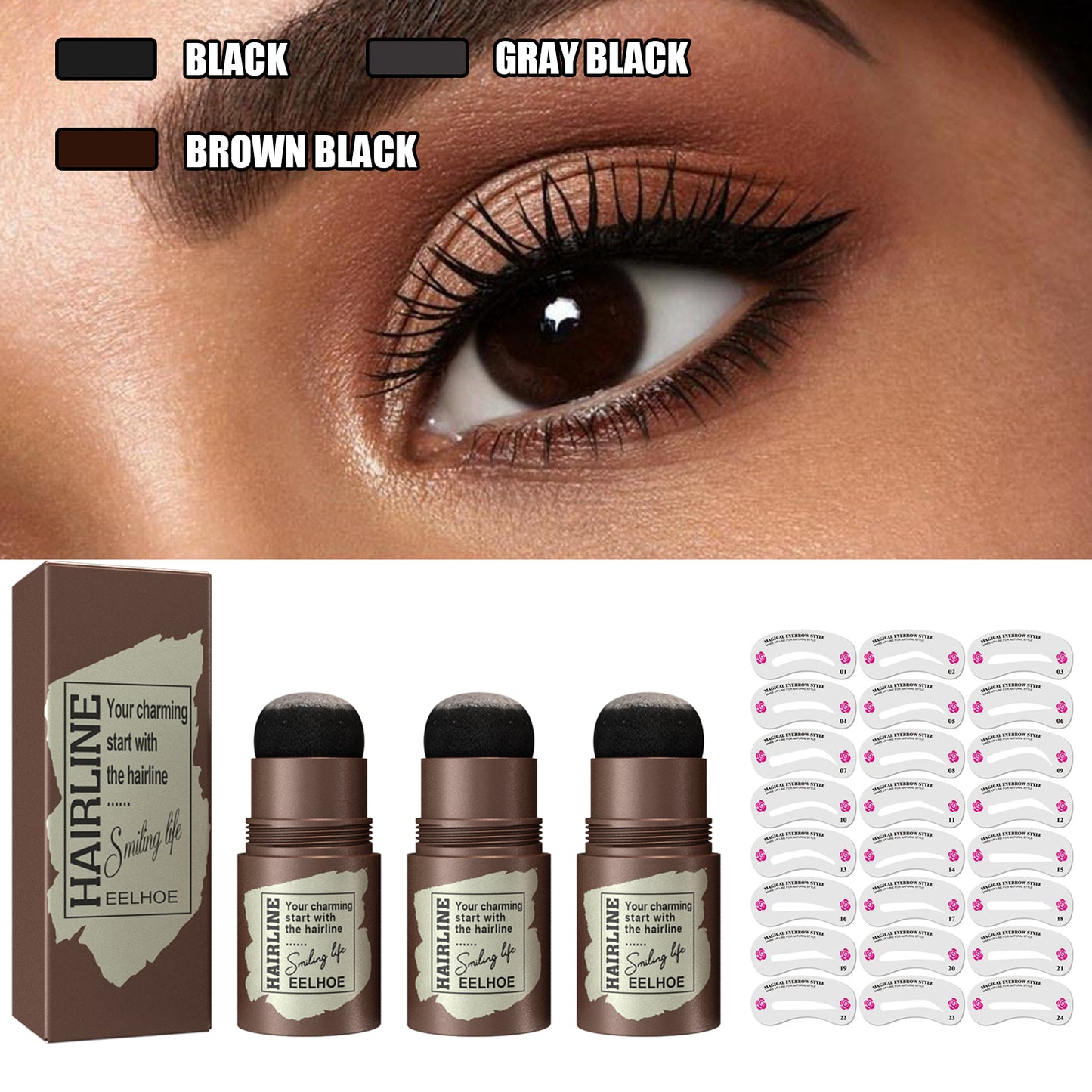 EELHOE Hairline Eyebrow Marks (Grayish Black With Eyebrow Card) Eyebrow Cake For Hairline Eyebrow Marks, Natural And Lazy Eyebrows, Quick Makeup For Eyebrow Marks