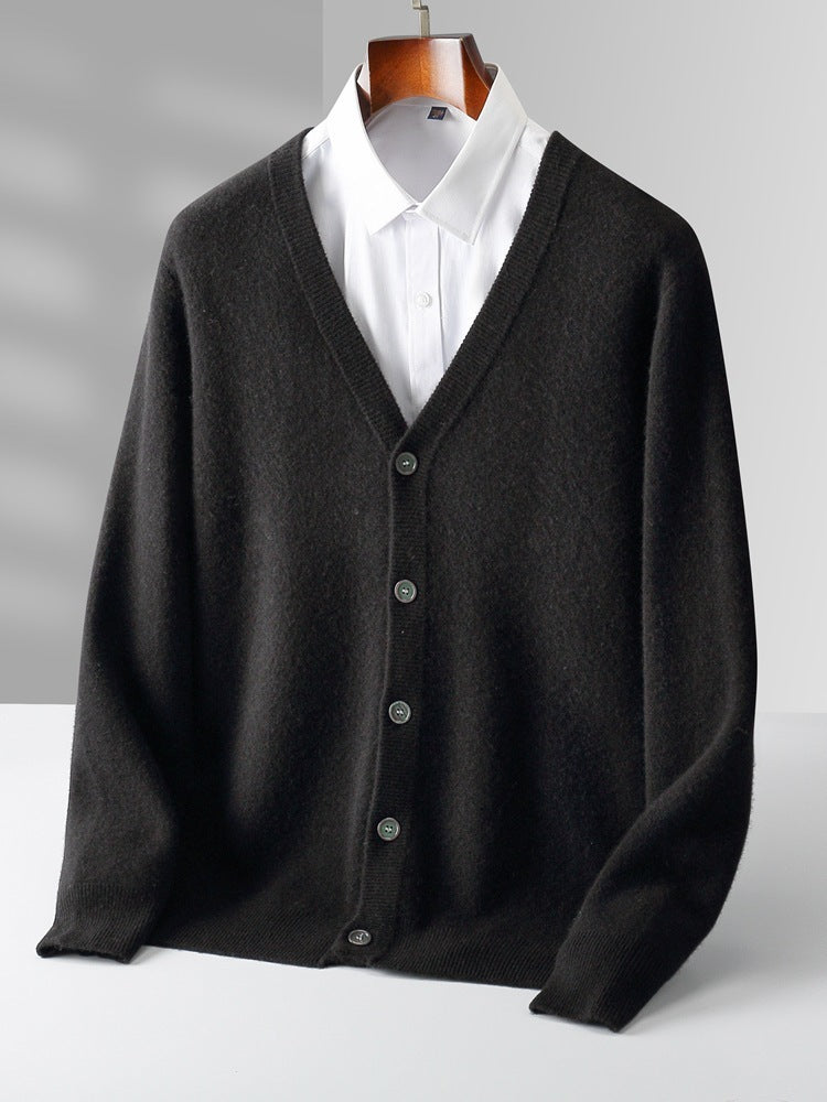 Pure Wool Cardigan Men's V-neck Solid Color Long Sleeve