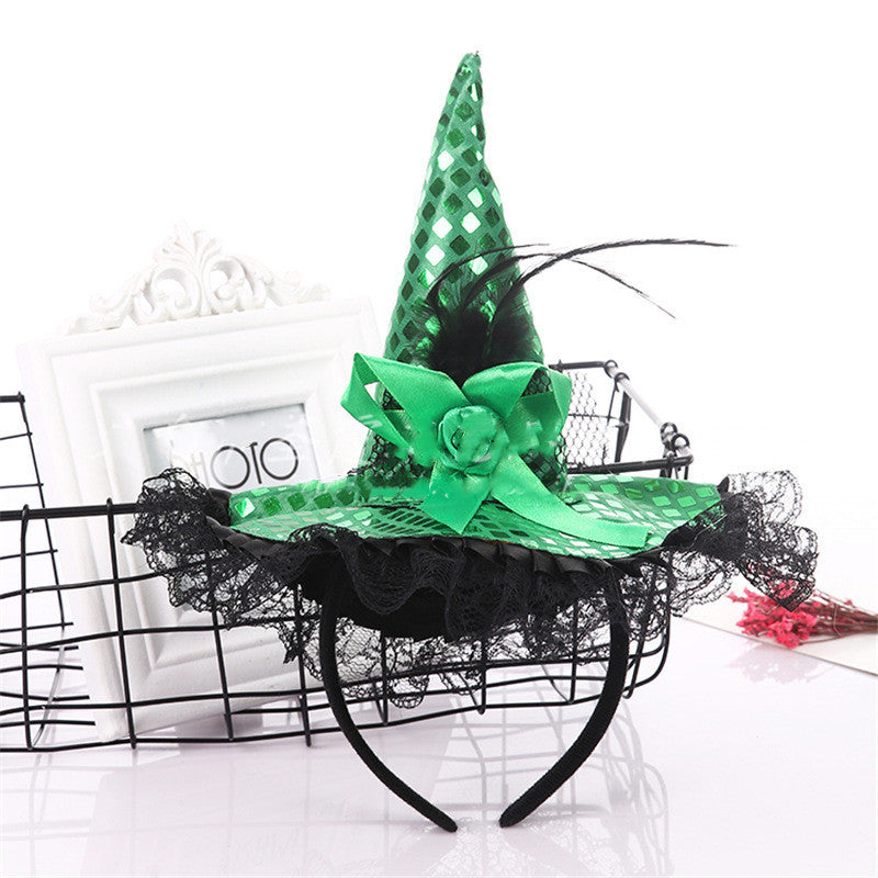 Halloween Decoration Witch Hat Headband, Masquerade Show Lace Sequin Hat Headband