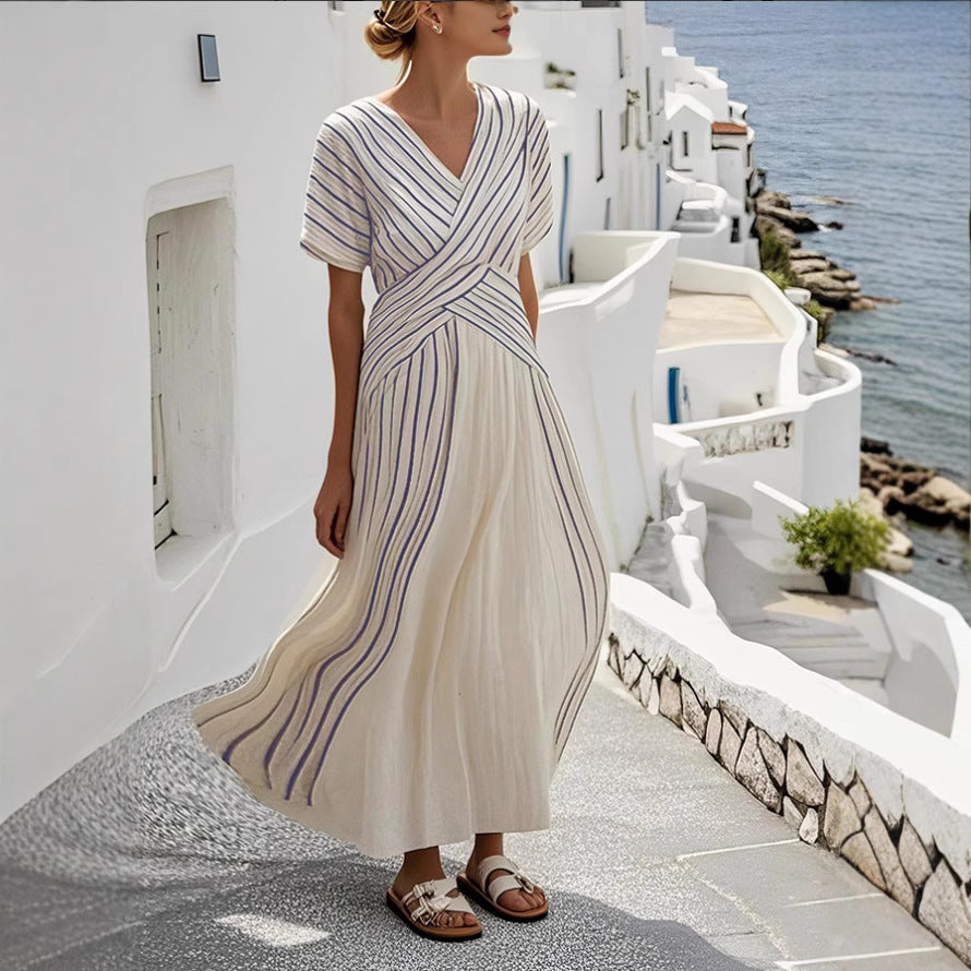 Women's Loose Fit Striped Printing Dress - Casual Cotton Blend Summer Midi Dress For Daily Wear Holiday Outfit