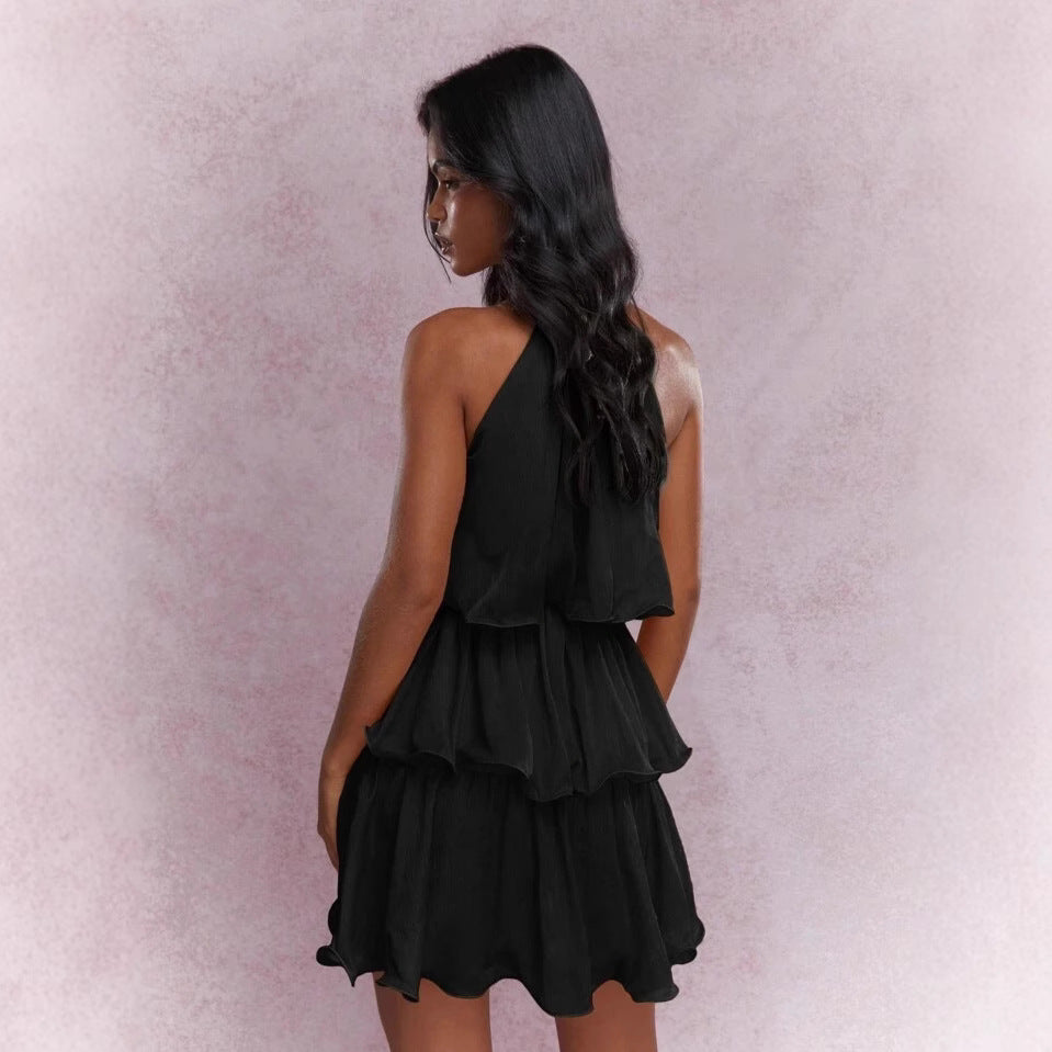 Elegant Halter Neck Sleeveless Strapless Sheer Layered Dress - Ruffled Hem Elegant Women's Summer Party Dress  Beach Vacation Outfits