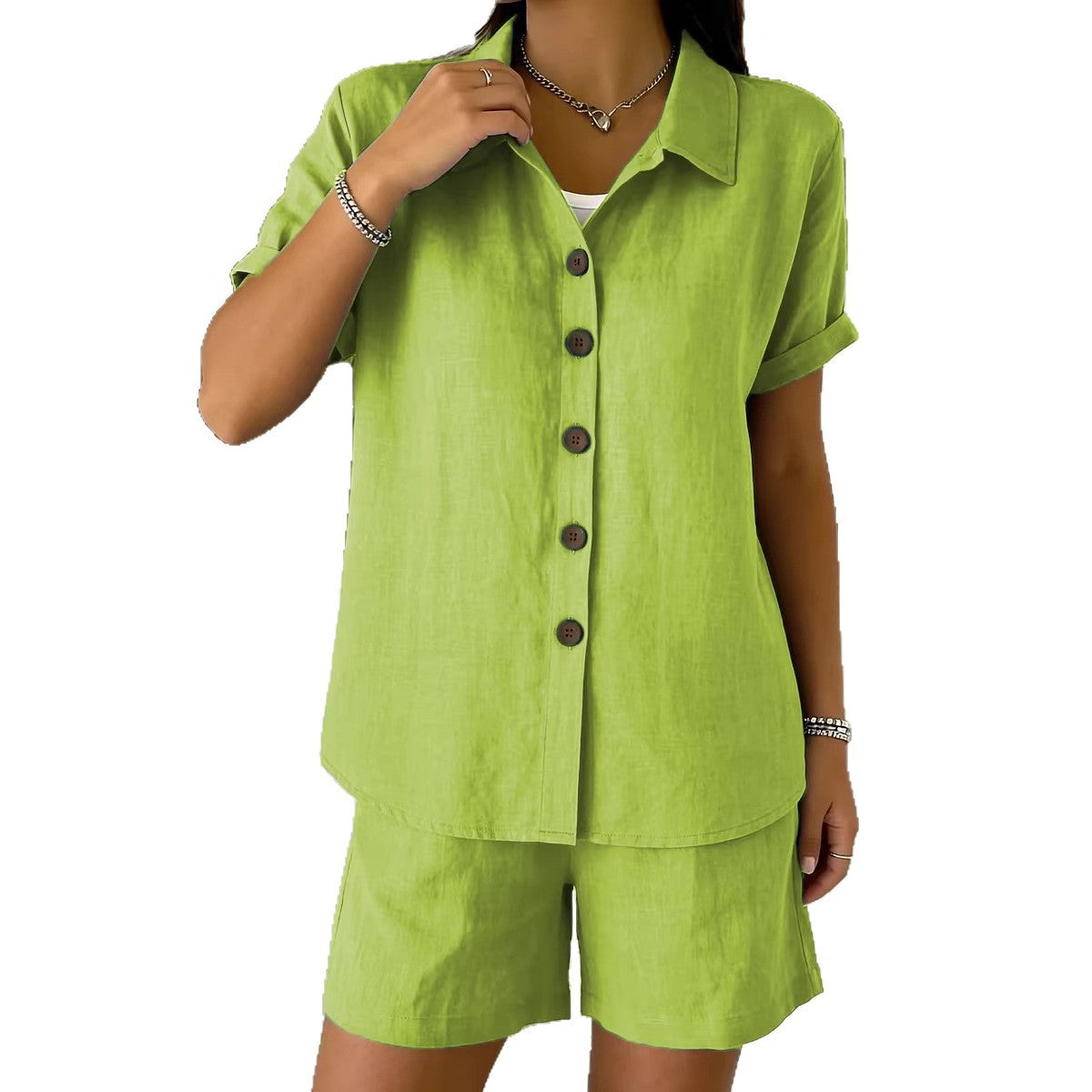 Casual Button-Up Cotton-Linen Womens Short-Sleeve Shirt Set