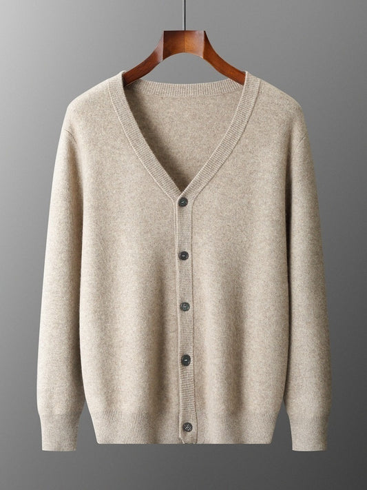 Pure Wool Cardigan Men's V-neck Solid Color Long Sleeve