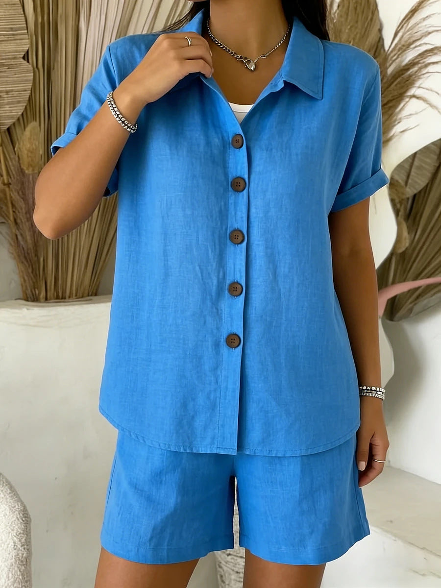 Casual Button-Up Cotton-Linen Womens Short-Sleeve Shirt Set