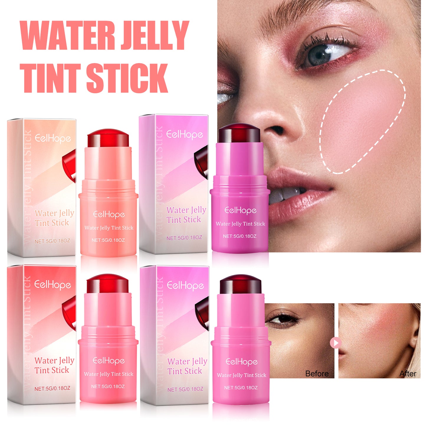 Water Jelly Tint Stick, Blush Whitening Natural Long Lasting Lip Matte Moisturizing Lip Color Makeup Combination