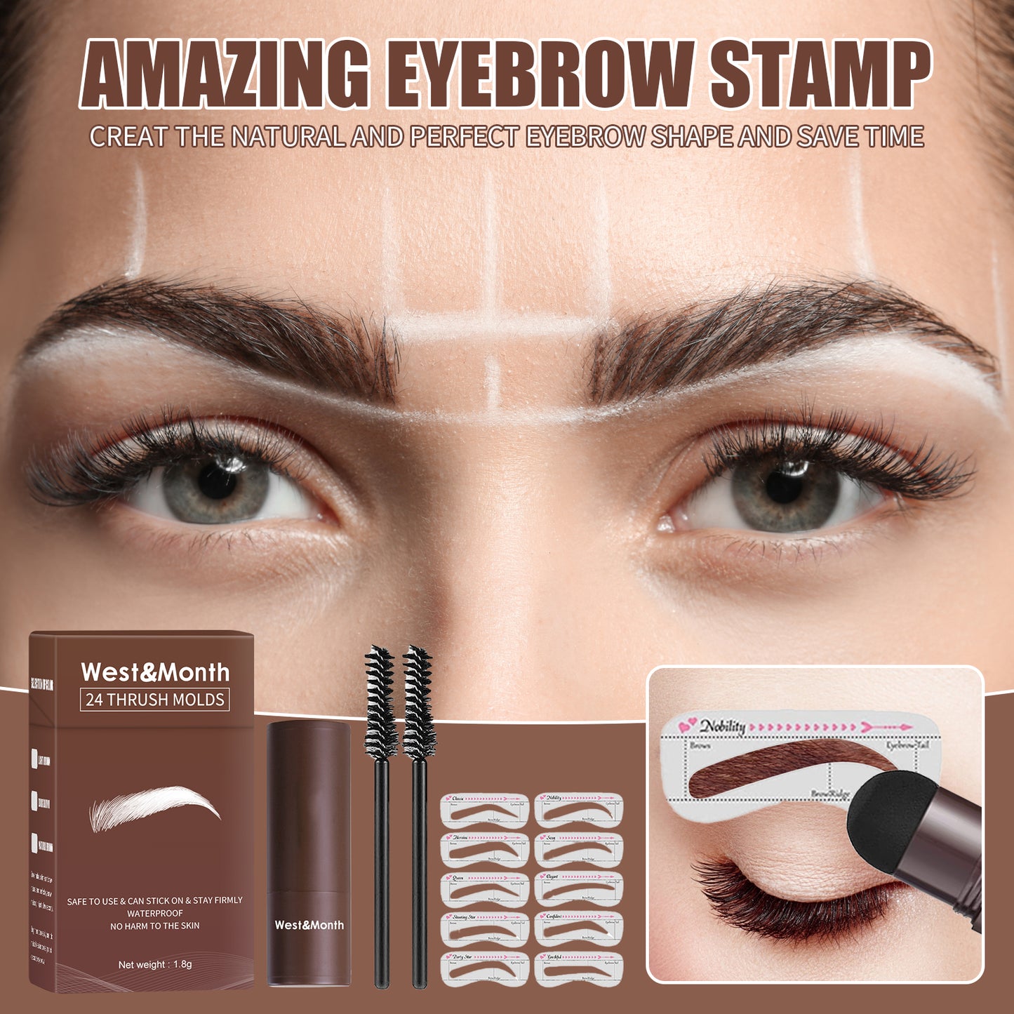 West&month 24 Thrush Molds, Lazy Brow Print Eyebrow Powder Set Durable Waterproof, Sweat Resistant, Makeup Free And Smudge