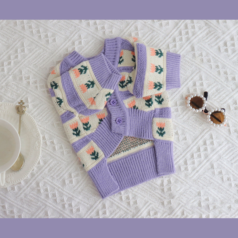 Retro Purple Flower Sweater Cute Pet Cat Dog Autumn And Winter Knitted Clothes