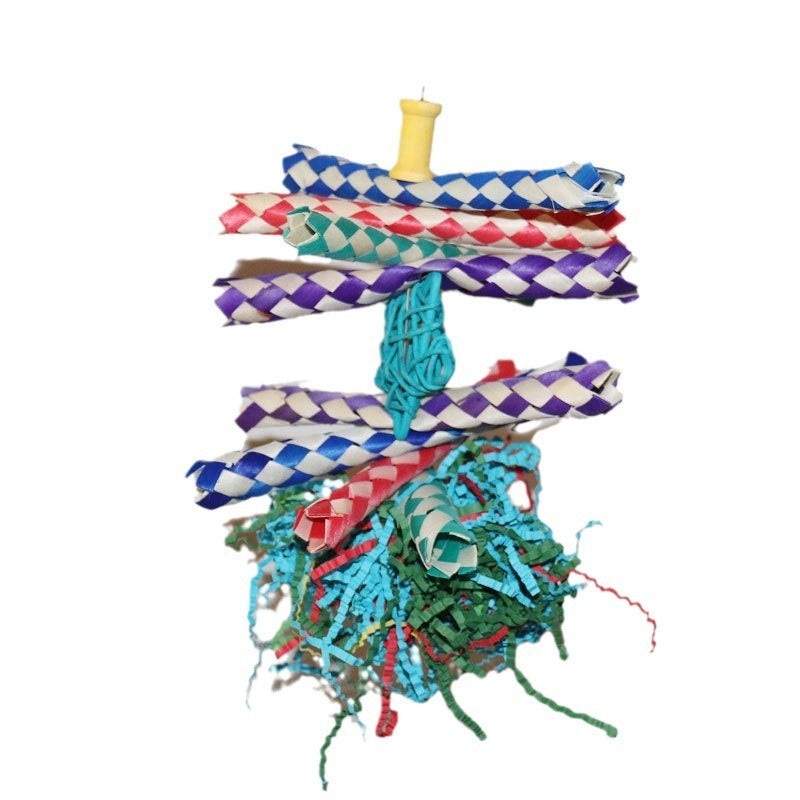 Colorful Shredded Paper And Rattan Weaving Wooden Gnawing Bird Cage Decoration