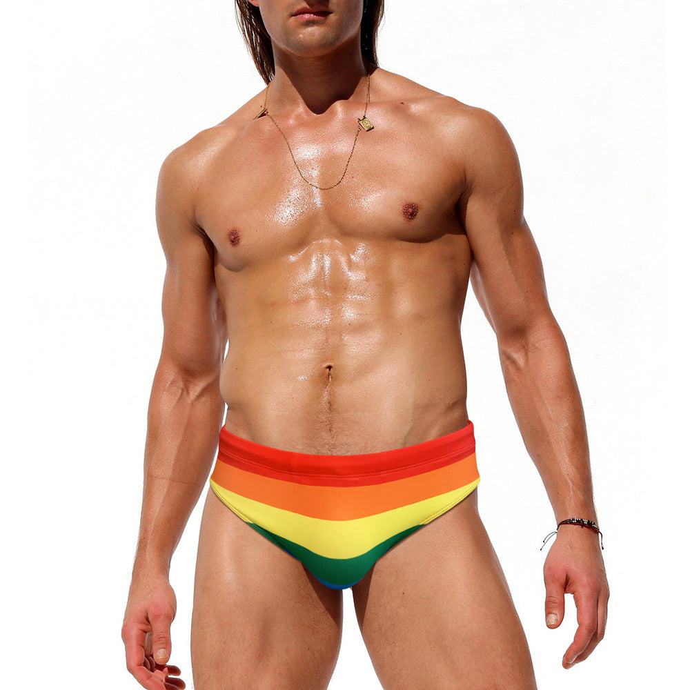 Rainbow Striped Swimming Trunks Men's Fashion Sexy Stretch Briefs