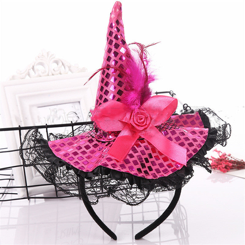 Halloween Decoration Witch Hat Headband, Masquerade Show Lace Sequin Hat Headband