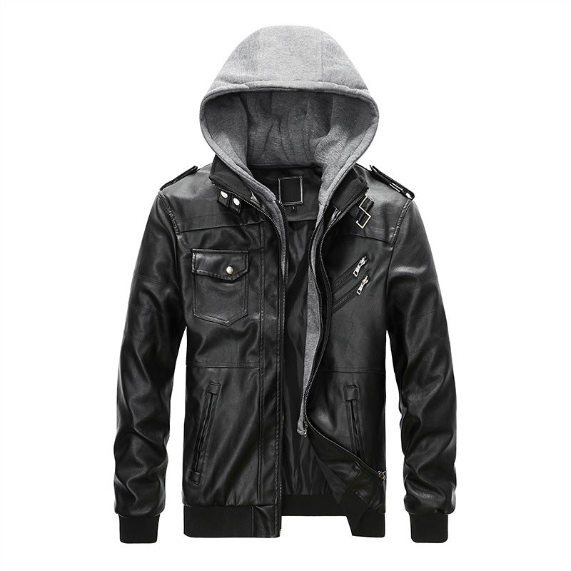 Men's Detachable Hat PU Hooded Jacket