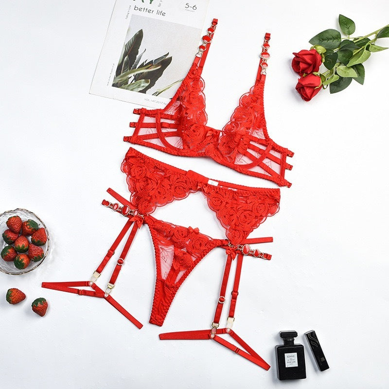 Vintage Jewel Embroidery Bra Sexy Gathering Underwear Set