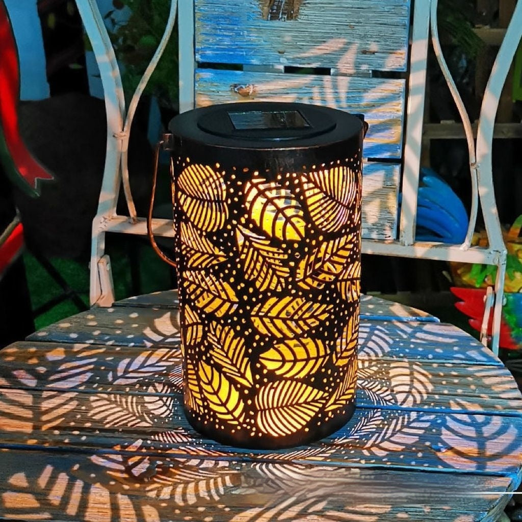 Cross-border Retro Solar Lantern Iron Hollow Storm Lantern Courtyard Decoration Desk Lamp Garden Projection