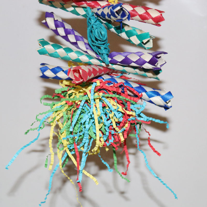 Colorful Shredded Paper And Rattan Weaving Wooden Gnawing Bird Cage Decoration