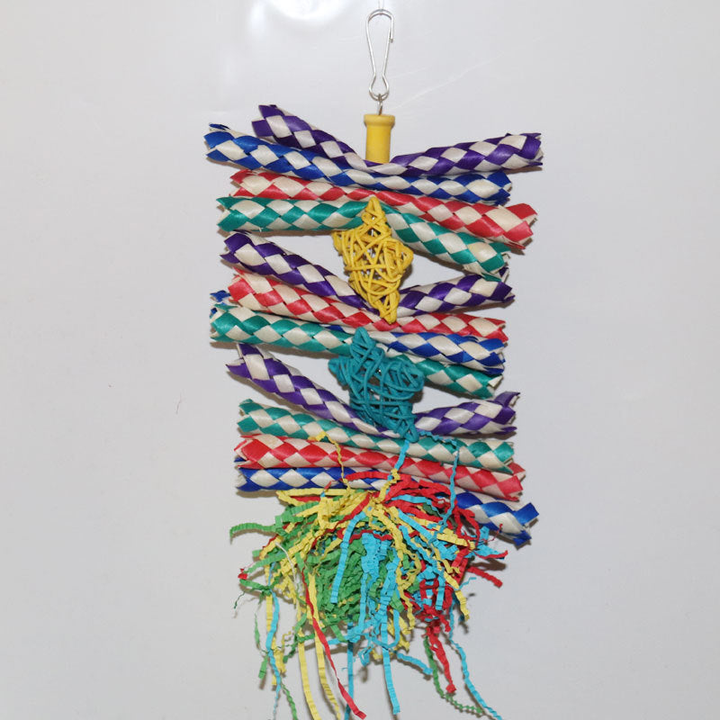Colorful Shredded Paper And Rattan Weaving Wooden Gnawing Bird Cage Decoration