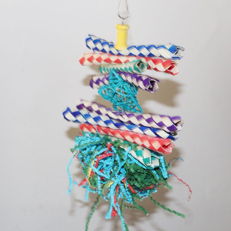 Colorful Shredded Paper And Rattan Weaving Wooden Gnawing Bird Cage Decoration