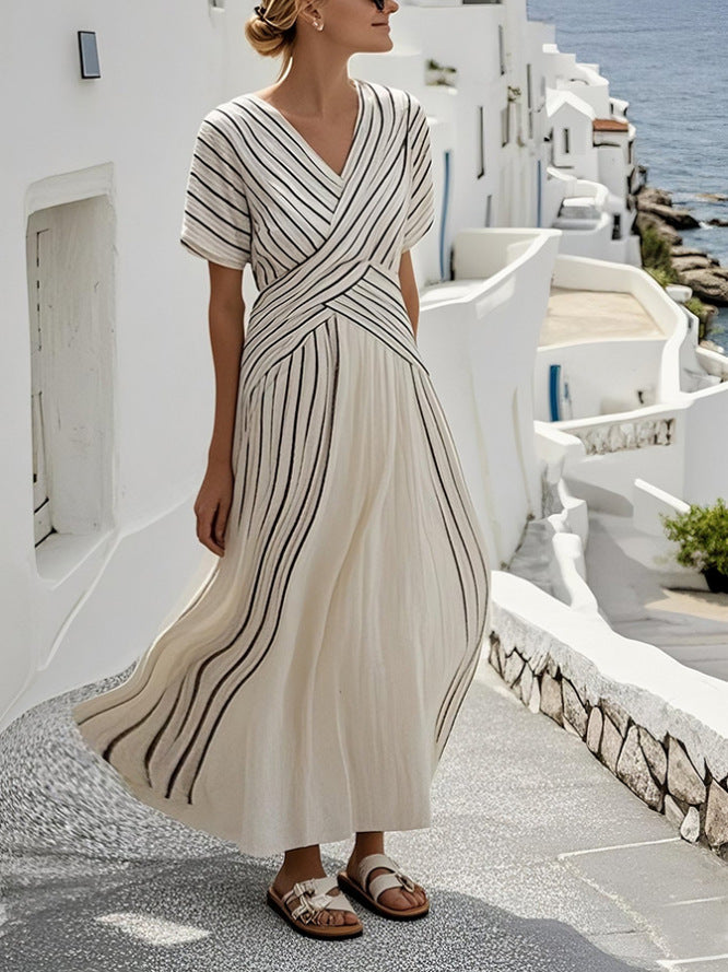 Women's Loose Fit Striped Printing Dress - Casual Cotton Blend Summer Midi Dress For Daily Wear Holiday Outfit