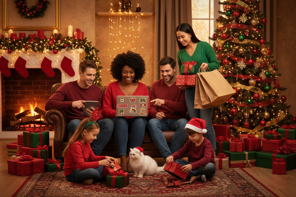 christmas online shopping, kids, black worman, ashian woman, american man woman, pets. christmas vibe