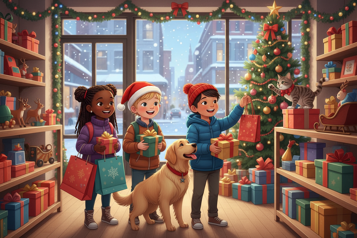 Christmas Shopping, A black white asian kids and cat and dob