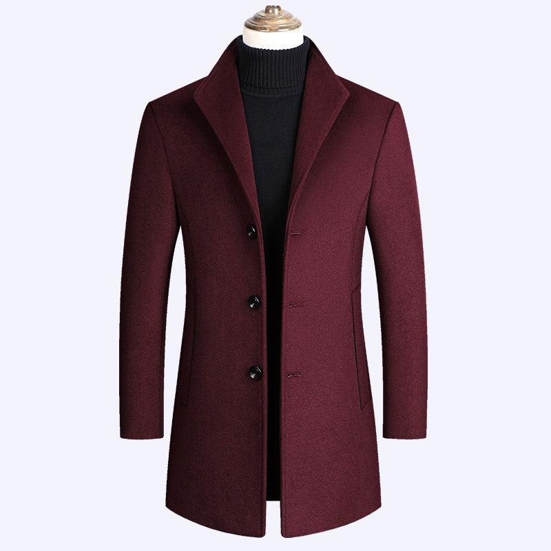 Shun Mao Youth Solid Color Casual Mid-length Woolen Coat