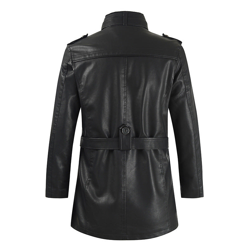 Men's Medium Long Leather Coat Korean Stand Collar Slim Large Leather Windbreaker Coat