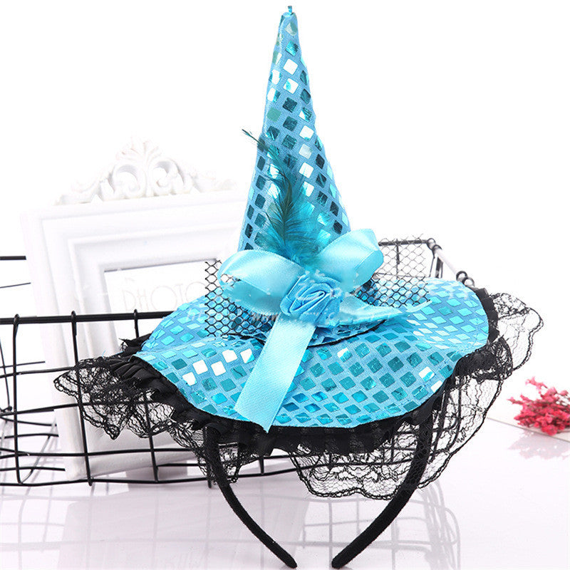 Halloween Decoration Witch Hat Headband, Masquerade Show Lace Sequin Hat Headband