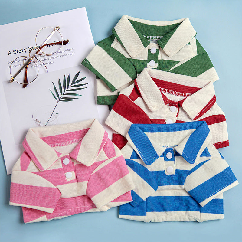 Pet Dog Polo Shirt Striped Beaded Lapel Elastic