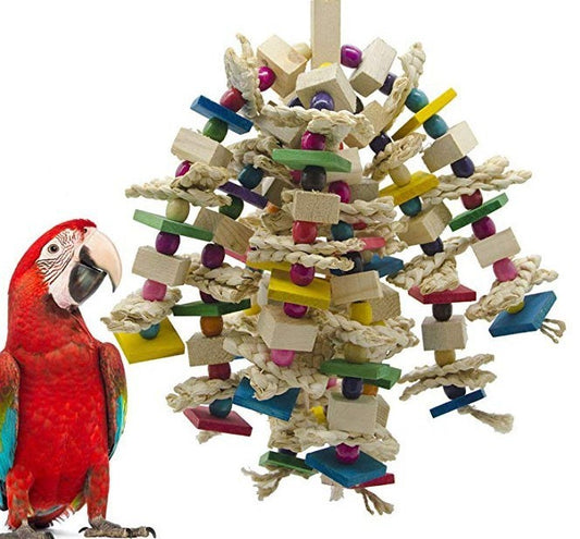 Parrots Gnaw On Toys Made Of Corn Husk And Wood