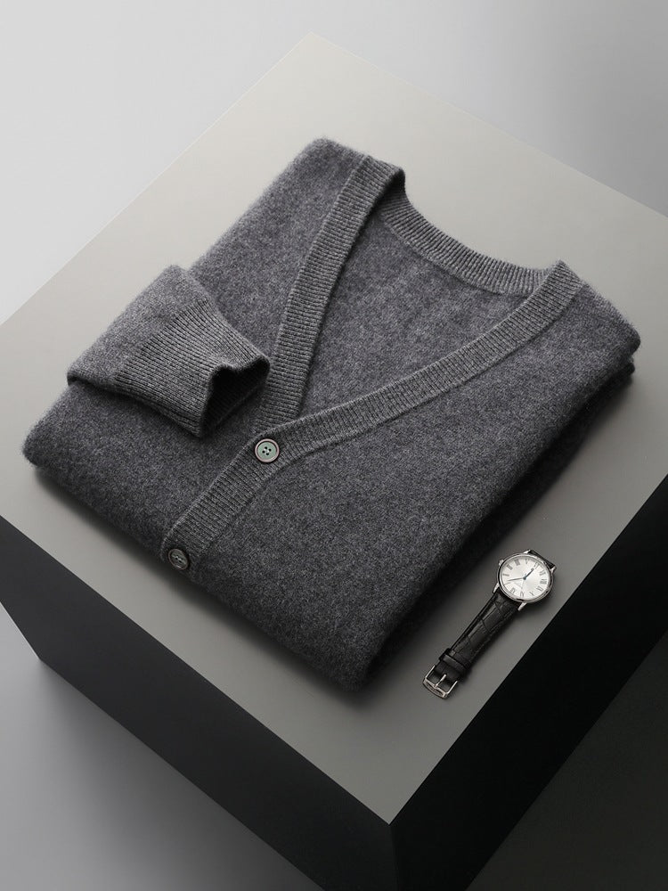 Pure Wool Cardigan Men's V-neck Solid Color Long Sleeve